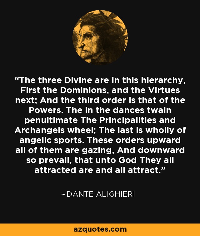 The three Divine are in this hierarchy, First the Dominions, and the Virtues next; And the third order is that of the Powers. The in the dances twain penultimate The Principalities and Archangels wheel; The last is wholly of angelic sports. These orders upward all of them are gazing, And downward so prevail, that unto God They all attracted are and all attract. - Dante Alighieri