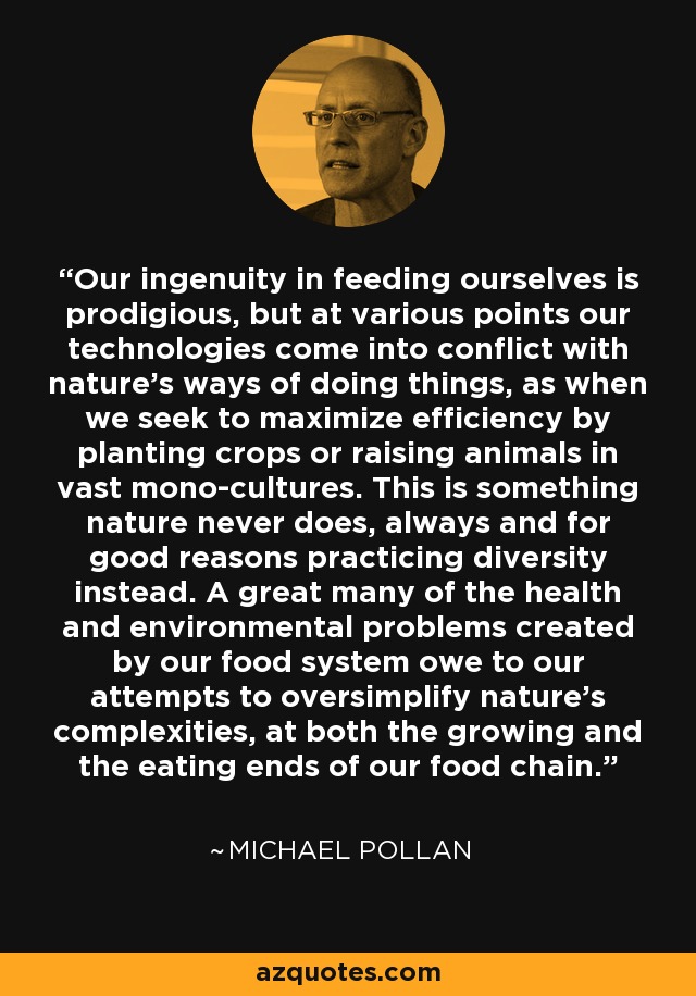 Our ingenuity in feeding ourselves is prodigious, but at various points our technologies come into conflict with nature's ways of doing things, as when we seek to maximize efficiency by planting crops or raising animals in vast mono-cultures. This is something nature never does, always and for good reasons practicing diversity instead. A great many of the health and environmental problems created by our food system owe to our attempts to oversimplify nature's complexities, at both the growing and the eating ends of our food chain. - Michael Pollan