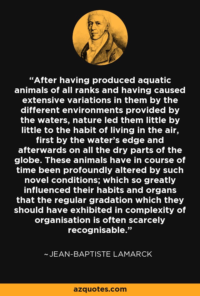 After having produced aquatic animals of all ranks and having caused extensive variations in them by the different environments provided by the waters, nature led them little by little to the habit of living in the air, first by the water's edge and afterwards on all the dry parts of the globe. These animals have in course of time been profoundly altered by such novel conditions; which so greatly influenced their habits and organs that the regular gradation which they should have exhibited in complexity of organisation is often scarcely recognisable. - Jean-Baptiste Lamarck
