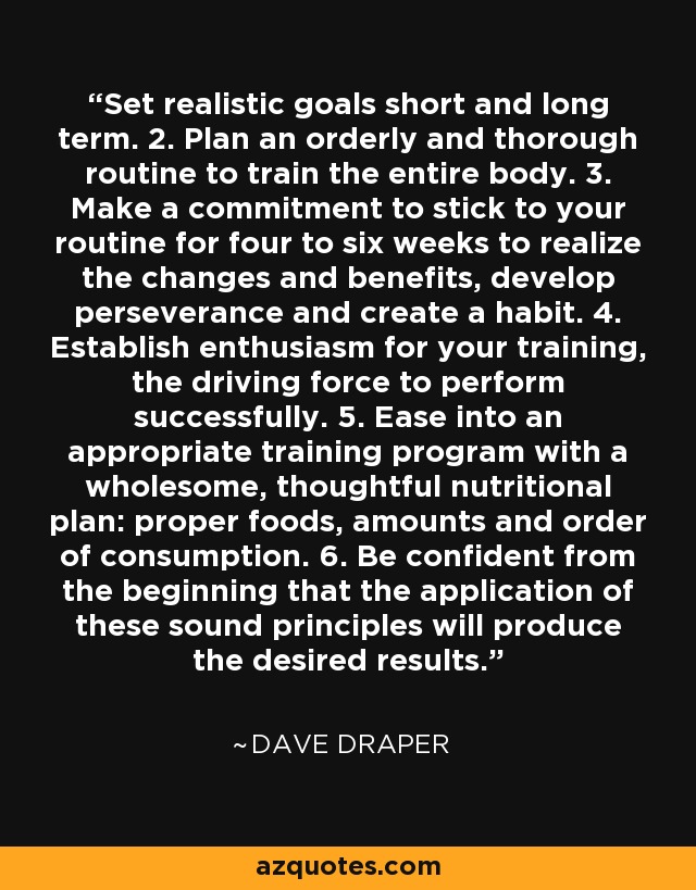 Set realistic goals short and long term. 2. Plan an orderly and thorough routine to train the entire body. 3. Make a commitment to stick to your routine for four to six weeks to realize the changes and benefits, develop perseverance and create a habit. 4. Establish enthusiasm for your training, the driving force to perform successfully. 5. Ease into an appropriate training program with a wholesome, thoughtful nutritional plan: proper foods, amounts and order of consumption. 6. Be confident from the beginning that the application of these sound principles will produce the desired results. - Dave Draper