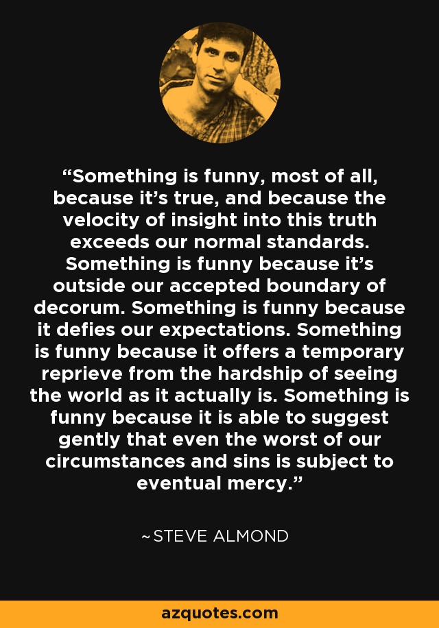 Something is funny, most of all, because it's true, and because the velocity of insight into this truth exceeds our normal standards. Something is funny because it's outside our accepted boundary of decorum. Something is funny because it defies our expectations. Something is funny because it offers a temporary reprieve from the hardship of seeing the world as it actually is. Something is funny because it is able to suggest gently that even the worst of our circumstances and sins is subject to eventual mercy. - Steve Almond