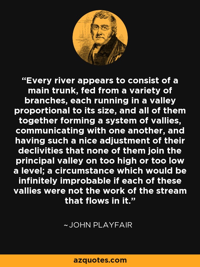 Every river appears to consist of a main trunk, fed from a variety of branches, each running in a valley proportional to its size, and all of them together forming a system of vallies, communicating with one another, and having such a nice adjustment of their declivities that none of them join the principal valley on too high or too low a level; a circumstance which would be infinitely improbable if each of these vallies were not the work of the stream that flows in it. - John Playfair