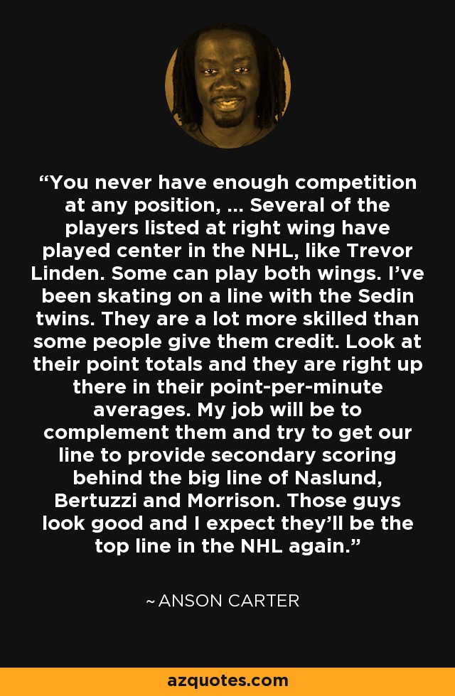 You never have enough competition at any position, ... Several of the players listed at right wing have played center in the NHL, like Trevor Linden. Some can play both wings. I've been skating on a line with the Sedin twins. They are a lot more skilled than some people give them credit. Look at their point totals and they are right up there in their point-per-minute averages. My job will be to complement them and try to get our line to provide secondary scoring behind the big line of Naslund, Bertuzzi and Morrison. Those guys look good and I expect they'll be the top line in the NHL again. - Anson Carter