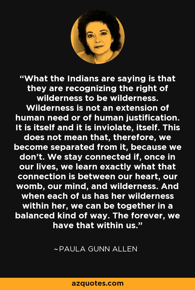 What the Indians are saying is that they are recognizing the right of wilderness to be wilderness. Wilderness is not an extension of human need or of human justification. It is itself and it is inviolate, itself. This does not mean that, therefore, we become separated from it, because we don't. We stay connected if, once in our lives, we learn exactly what that connection is between our heart, our womb, our mind, and wilderness. And when each of us has her wilderness within her, we can be together in a balanced kind of way. The forever, we have that within us. - Paula Gunn Allen