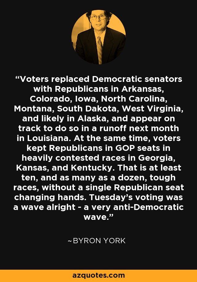 Voters replaced Democratic senators with Republicans in Arkansas, Colorado, Iowa, North Carolina, Montana, South Dakota, West Virginia, and likely in Alaska, and appear on track to do so in a runoff next month in Louisiana. At the same time, voters kept Republicans in GOP seats in heavily contested races in Georgia, Kansas, and Kentucky. That is at least ten, and as many as a dozen, tough races, without a single Republican seat changing hands. Tuesday's voting was a wave alright - a very anti-Democratic wave. - Byron York