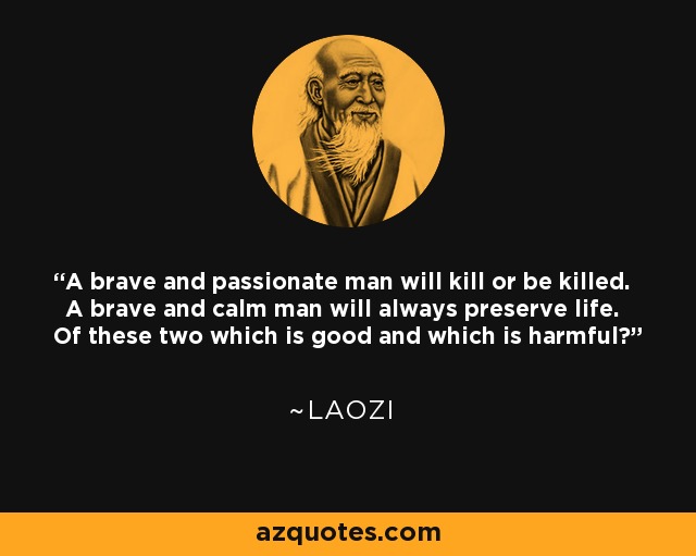 A brave and passionate man will kill or be killed. A brave and calm man will always preserve life. Of these two which is good and which is harmful? - Laozi