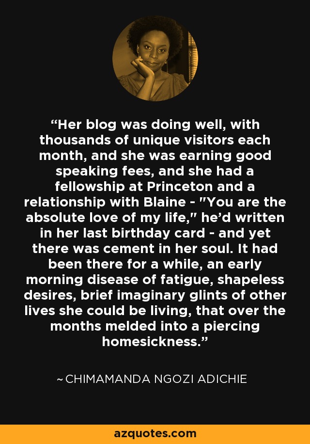 Her blog was doing well, with thousands of unique visitors each month, and she was earning good speaking fees, and she had a fellowship at Princeton and a relationship with Blaine - 