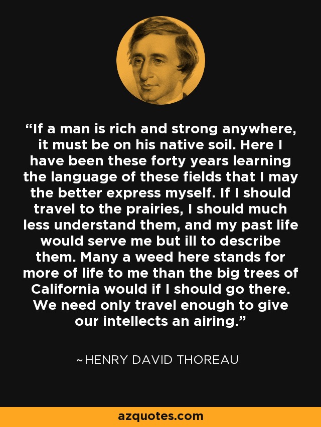 If a man is rich and strong anywhere, it must be on his native soil. Here I have been these forty years learning the language of these fields that I may the better express myself. If I should travel to the prairies, I should much less understand them, and my past life would serve me but ill to describe them. Many a weed here stands for more of life to me than the big trees of California would if I should go there. We need only travel enough to give our intellects an airing. - Henry David Thoreau