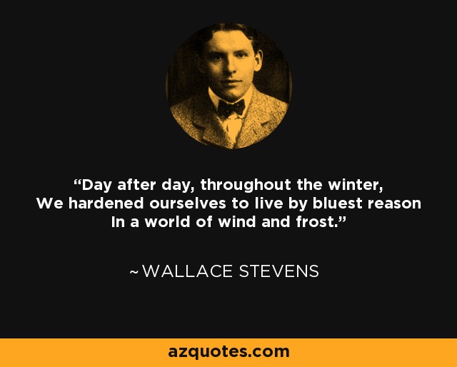 Day after day, throughout the winter, We hardened ourselves to live by bluest reason In a world of wind and frost. - Wallace Stevens