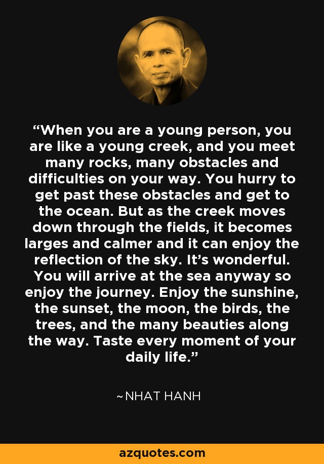 When you are a young person, you are like a young creek, and you meet many rocks, many obstacles and difficulties on your way. You hurry to get past these obstacles and get to the ocean. But as the creek moves down through the fields, it becomes larges and calmer and it can enjoy the reflection of the sky. It's wonderful. You will arrive at the sea anyway so enjoy the journey. Enjoy the sunshine, the sunset, the moon, the birds, the trees, and the many beauties along the way. Taste every moment of your daily life. - Nhat Hanh