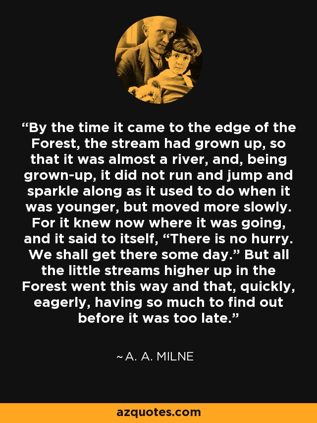 By the time it came to the edge of the Forest, the stream had grown up, so that it was almost a river, and, being grown-up, it did not run and jump and sparkle along as it used to do when it was younger, but moved more slowly. For it knew now where it was going, and it said to itself, “There is no hurry. We shall get there some day.” But all the little streams higher up in the Forest went this way and that, quickly, eagerly, having so much to find out before it was too late. - A. A. Milne