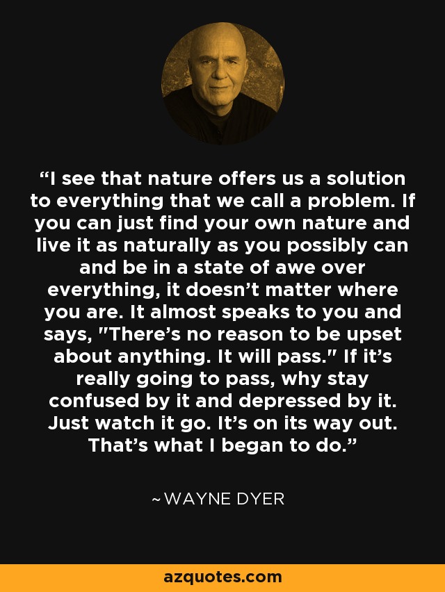 I see that nature offers us a solution to everything that we call a problem. If you can just find your own nature and live it as naturally as you possibly can and be in a state of awe over everything, it doesn't matter where you are. It almost speaks to you and says, 