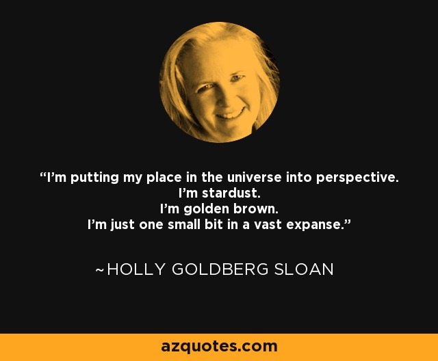 I'm putting my place in the universe into perspective. I'm stardust. I'm golden brown. I'm just one small bit in a vast expanse. - Holly Goldberg Sloan