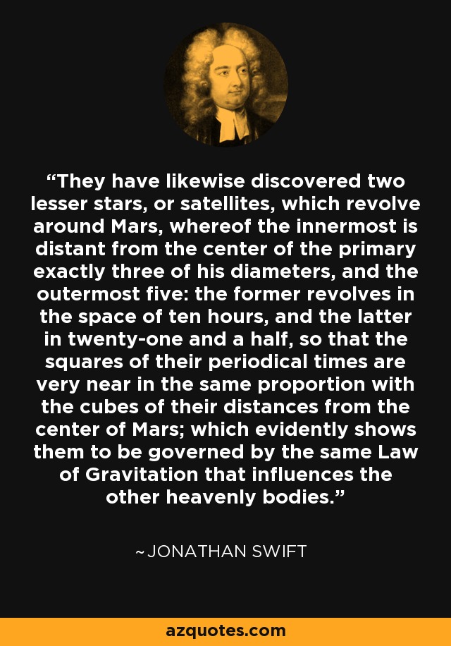 They have likewise discovered two lesser stars, or satellites, which revolve around Mars, whereof the innermost is distant from the center of the primary exactly three of his diameters, and the outermost five: the former revolves in the space of ten hours, and the latter in twenty-one and a half, so that the squares of their periodical times are very near in the same proportion with the cubes of their distances from the center of Mars; which evidently shows them to be governed by the same Law of Gravitation that influences the other heavenly bodies. - Jonathan Swift