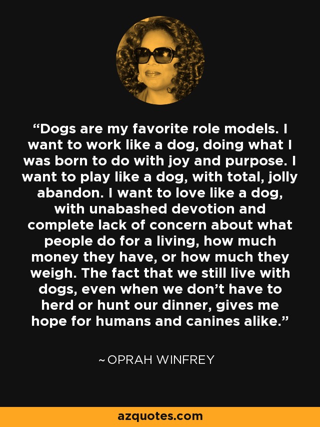 Dogs are my favorite role models. I want to work like a dog, doing what I was born to do with joy and purpose. I want to play like a dog, with total, jolly abandon. I want to love like a dog, with unabashed devotion and complete lack of concern about what people do for a living, how much money they have, or how much they weigh. The fact that we still live with dogs, even when we don't have to herd or hunt our dinner, gives me hope for humans and canines alike. - Oprah Winfrey