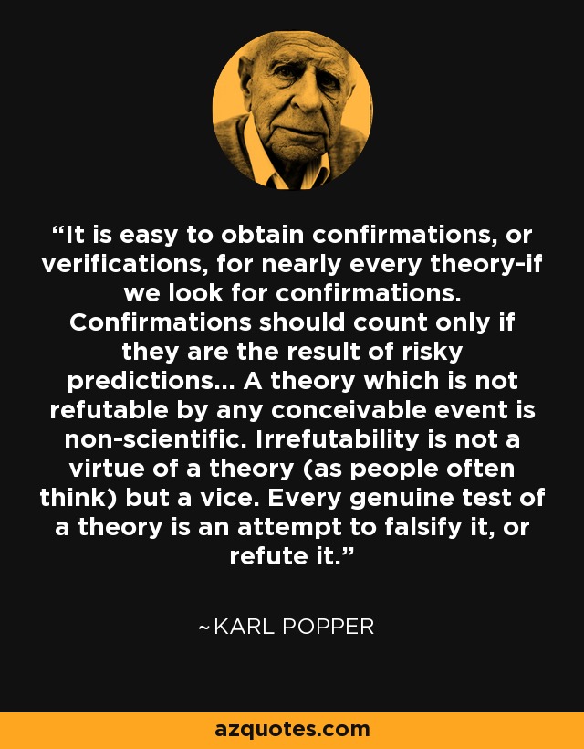 It is easy to obtain confirmations, or verifications, for nearly every theory-if we look for confirmations. Confirmations should count only if they are the result of risky predictions... A theory which is not refutable by any conceivable event is non-scientific. Irrefutability is not a virtue of a theory (as people often think) but a vice. Every genuine test of a theory is an attempt to falsify it, or refute it. - Karl Popper