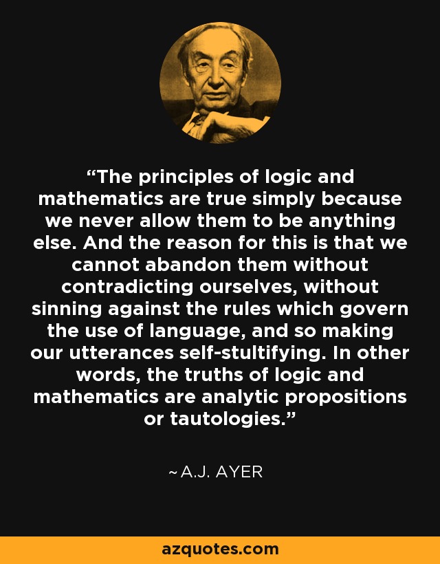 The principles of logic and mathematics are true simply because we never allow them to be anything else. And the reason for this is that we cannot abandon them without contradicting ourselves, without sinning against the rules which govern the use of language, and so making our utterances self-stultifying. In other words, the truths of logic and mathematics are analytic propositions or tautologies. - A.J. Ayer