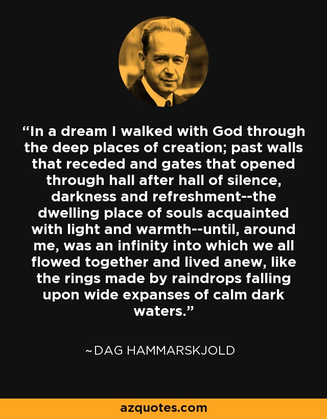 In a dream I walked with God through the deep places of creation; past walls that receded and gates that opened through hall after hall of silence, darkness and refreshment--the dwelling place of souls acquainted with light and warmth--until, around me, was an infinity into which we all flowed together and lived anew, like the rings made by raindrops falling upon wide expanses of calm dark waters. - Dag Hammarskjold