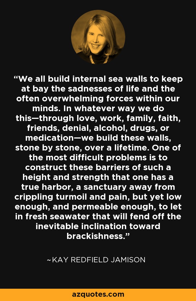 We all build internal sea walls to keep at bay the sadnesses of life and the often overwhelming forces within our minds. In whatever way we do this—through love, work, family, faith, friends, denial, alcohol, drugs, or medication—we build these walls, stone by stone, over a lifetime. One of the most difficult problems is to construct these barriers of such a height and strength that one has a true harbor, a sanctuary away from crippling turmoil and pain, but yet low enough, and permeable enough, to let in fresh seawater that will fend off the inevitable inclination toward brackishness. - Kay Redfield Jamison