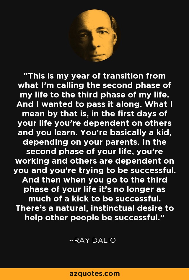 This is my year of transition from what I'm calling the second phase of my life to the third phase of my life. And I wanted to pass it along. What I mean by that is, in the first days of your life you're dependent on others and you learn. You're basically a kid, depending on your parents. In the second phase of your life, you're working and others are dependent on you and you're trying to be successful. And then when you go to the third phase of your life it's no longer as much of a kick to be successful. There's a natural, instinctual desire to help other people be successful. - Ray Dalio