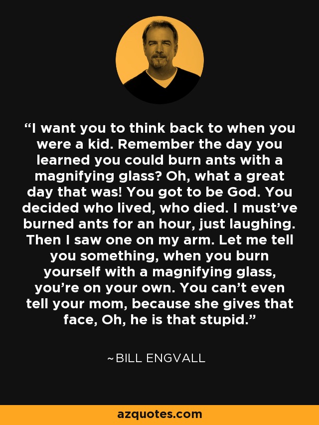 I want you to think back to when you were a kid. Remember the day you learned you could burn ants with a magnifying glass? Oh, what a great day that was! You got to be God. You decided who lived, who died. I must've burned ants for an hour, just laughing. Then I saw one on my arm. Let me tell you something, when you burn yourself with a magnifying glass, you're on your own. You can't even tell your mom, because she gives that face, Oh, he is that stupid. - Bill Engvall