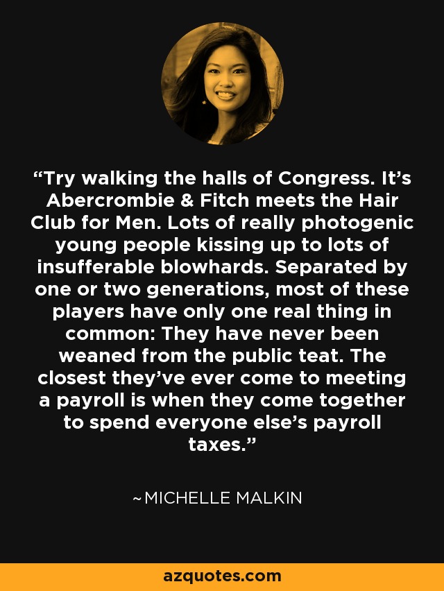 Try walking the halls of Congress. It's Abercrombie & Fitch meets the Hair Club for Men. Lots of really photogenic young people kissing up to lots of insufferable blowhards. Separated by one or two generations, most of these players have only one real thing in common: They have never been weaned from the public teat. The closest they've ever come to meeting a payroll is when they come together to spend everyone else's payroll taxes. - Michelle Malkin