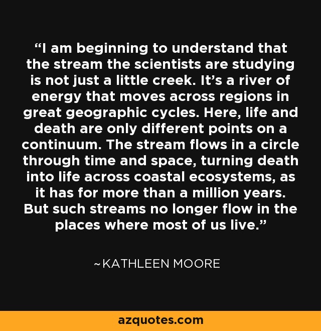 I am beginning to understand that the stream the scientists are studying is not just a little creek. It's a river of energy that moves across regions in great geographic cycles. Here, life and death are only different points on a continuum. The stream flows in a circle through time and space, turning death into life across coastal ecosystems, as it has for more than a million years. But such streams no longer flow in the places where most of us live. - Kathleen Moore