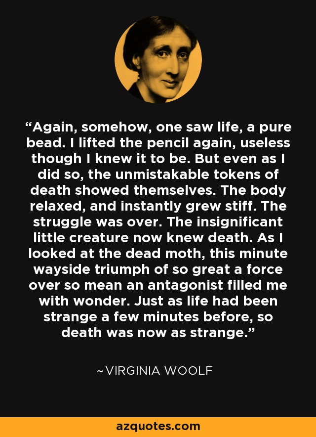 Again, somehow, one saw life, a pure bead. I lifted the pencil again, useless though I knew it to be. But even as I did so, the unmistakable tokens of death showed themselves. The body relaxed, and instantly grew stiff. The struggle was over. The insignificant little creature now knew death. As I looked at the dead moth, this minute wayside triumph of so great a force over so mean an antagonist filled me with wonder. Just as life had been strange a few minutes before, so death was now as strange. - Virginia Woolf