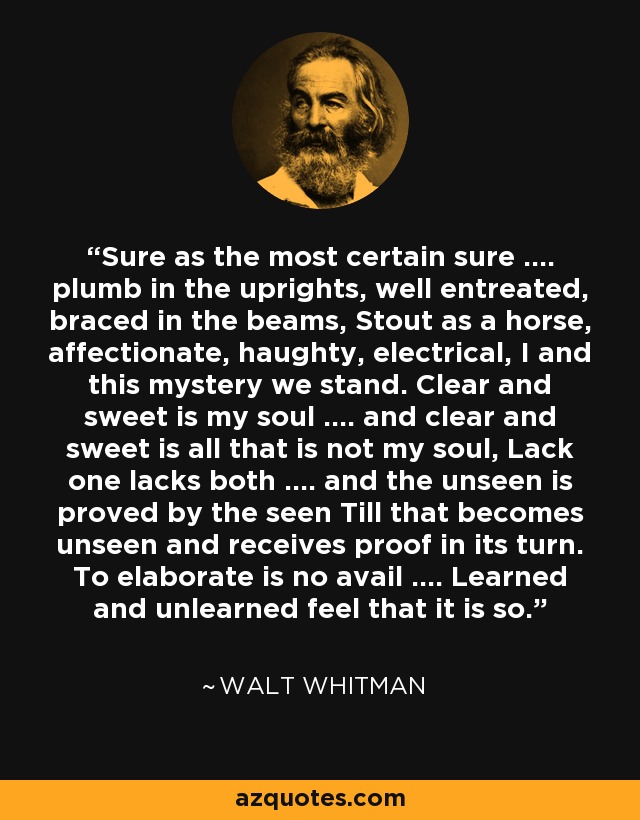 Sure as the most certain sure .... plumb in the uprights, well entreated, braced in the beams, Stout as a horse, affectionate, haughty, electrical, I and this mystery we stand. Clear and sweet is my soul .... and clear and sweet is all that is not my soul, Lack one lacks both .... and the unseen is proved by the seen Till that becomes unseen and receives proof in its turn. To elaborate is no avail .... Learned and unlearned feel that it is so. - Walt Whitman