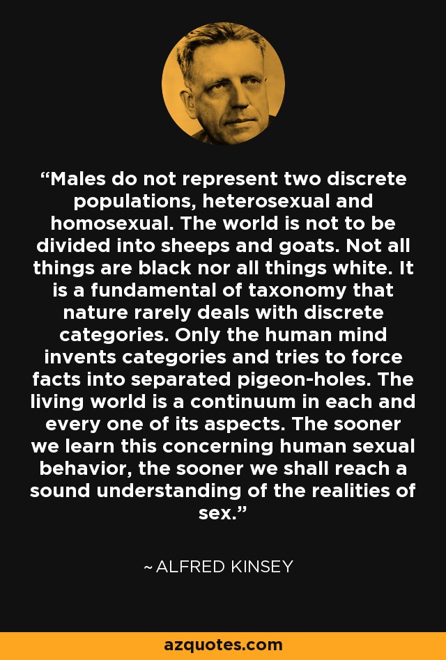 Males do not represent two discrete populations, heterosexual and homosexual. The world is not to be divided into sheeps and goats. Not all things are black nor all things white. It is a fundamental of taxonomy that nature rarely deals with discrete categories. Only the human mind invents categories and tries to force facts into separated pigeon-holes. The living world is a continuum in each and every one of its aspects. The sooner we learn this concerning human sexual behavior, the sooner we shall reach a sound understanding of the realities of sex. - Alfred Kinsey