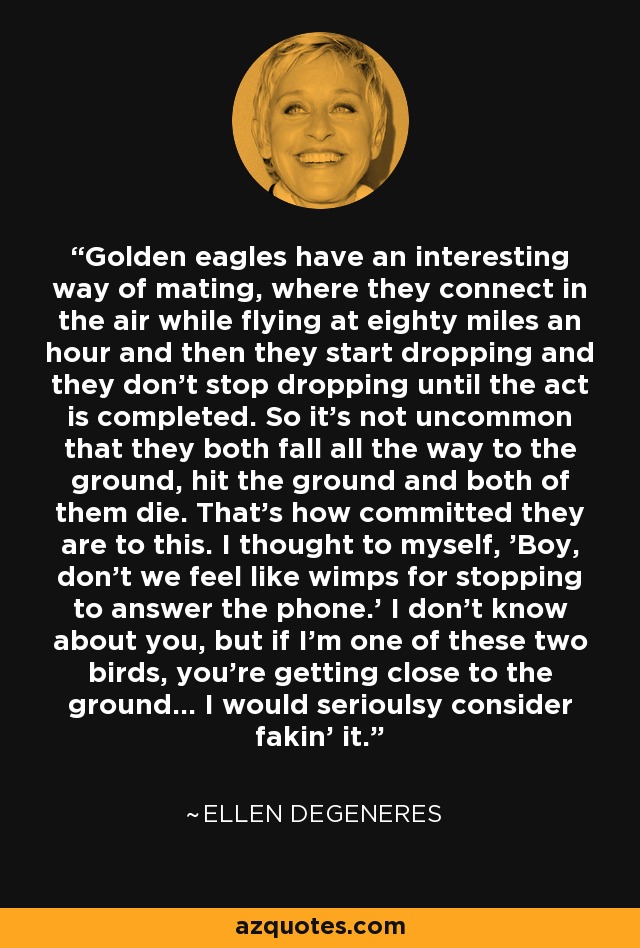 Golden eagles have an interesting way of mating, where they connect in the air while flying at eighty miles an hour and then they start dropping and they don't stop dropping until the act is completed. So it's not uncommon that they both fall all the way to the ground, hit the ground and both of them die. That's how committed they are to this. I thought to myself, 'Boy, don't we feel like wimps for stopping to answer the phone.' I don't know about you, but if I'm one of these two birds, you're getting close to the ground... I would serioulsy consider fakin' it. - Ellen DeGeneres