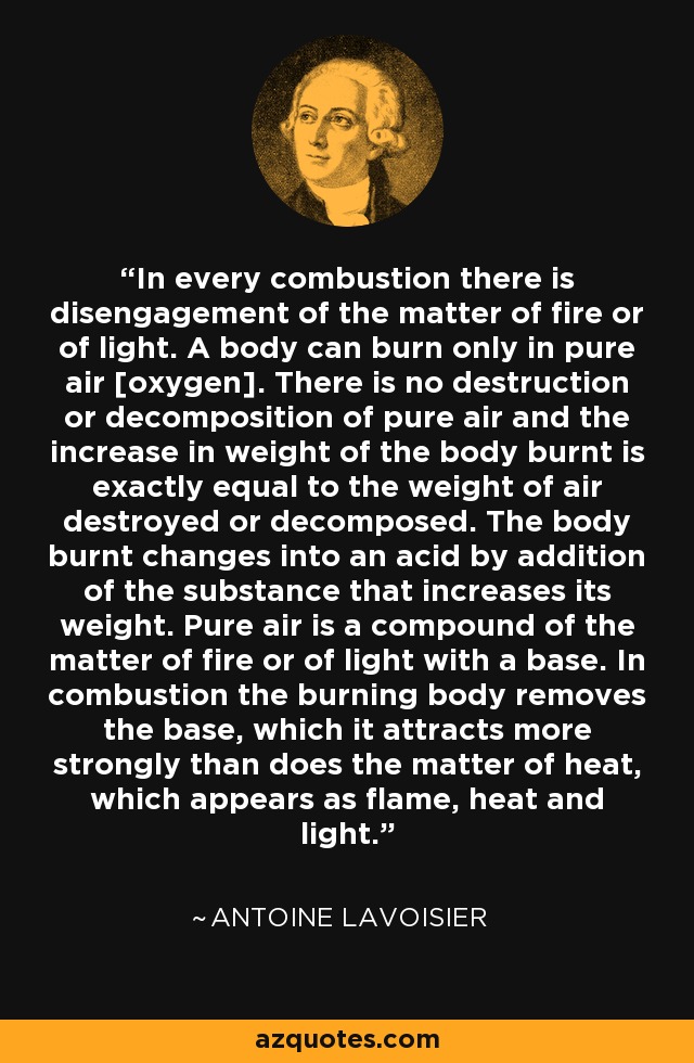 In every combustion there is disengagement of the matter of fire or of light. A body can burn only in pure air [oxygen]. There is no destruction or decomposition of pure air and the increase in weight of the body burnt is exactly equal to the weight of air destroyed or decomposed. The body burnt changes into an acid by addition of the substance that increases its weight. Pure air is a compound of the matter of fire or of light with a base. In combustion the burning body removes the base, which it attracts more strongly than does the matter of heat, which appears as flame, heat and light. - Antoine Lavoisier