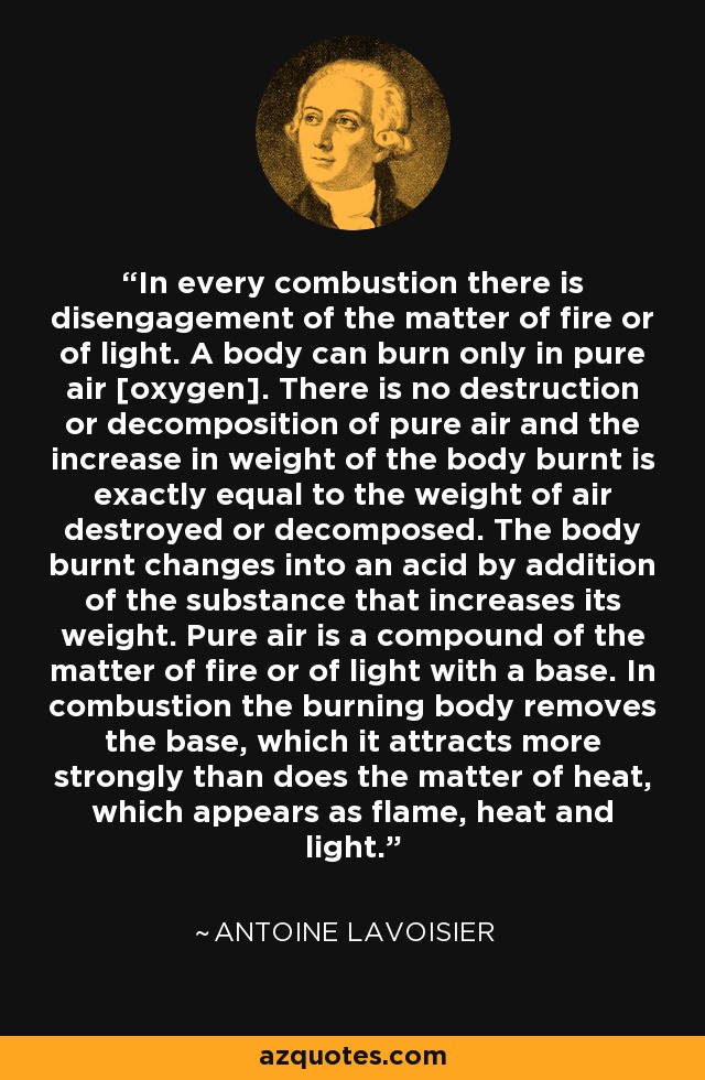 In every combustion there is disengagement of the matter of fire or of light. A body can burn only in pure air [oxygen]. There is no destruction or decomposition of pure air and the increase in weight of the body burnt is exactly equal to the weight of air destroyed or decomposed. The body burnt changes into an acid by addition of the substance that increases its weight. Pure air is a compound of the matter of fire or of light with a base. In combustion the burning body removes the base, which it attracts more strongly than does the matter of heat, which appears as flame, heat and light. - Antoine Lavoisier