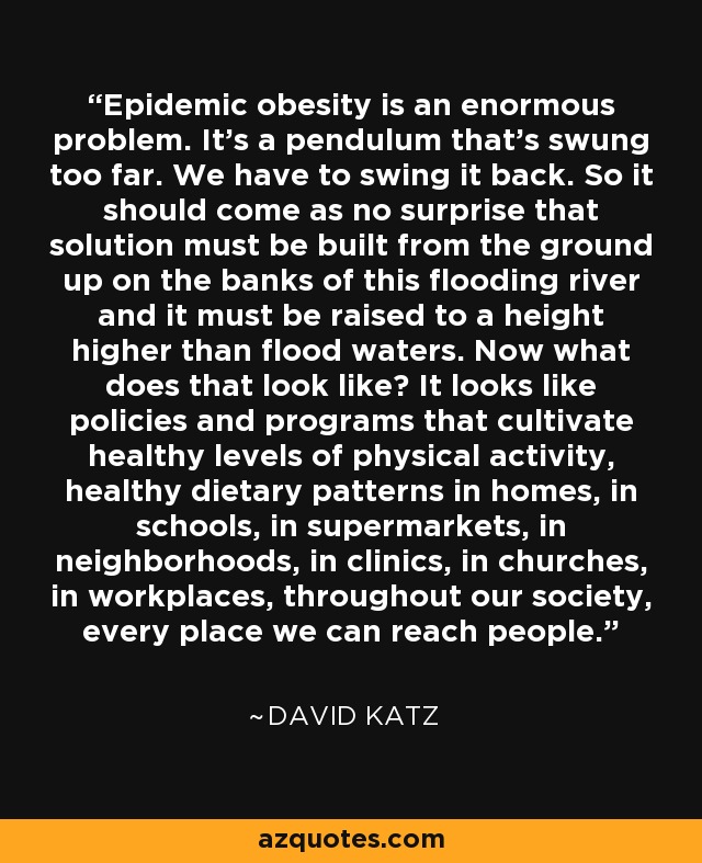 Epidemic obesity is an enormous problem. It's a pendulum that's swung too far. We have to swing it back. So it should come as no surprise that solution must be built from the ground up on the banks of this flooding river and it must be raised to a height higher than flood waters. Now what does that look like? It looks like policies and programs that cultivate healthy levels of physical activity, healthy dietary patterns in homes, in schools, in supermarkets, in neighborhoods, in clinics, in churches, in workplaces, throughout our society, every place we can reach people. - David Katz