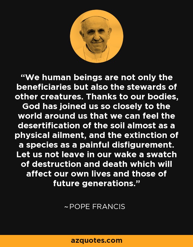 We human beings are not only the beneficiaries but also the stewards of other creatures. Thanks to our bodies, God has joined us so closely to the world around us that we can feel the desertification of the soil almost as a physical ailment, and the extinction of a species as a painful disfigurement. Let us not leave in our wake a swatch of destruction and death which will affect our own lives and those of future generations. - Pope Francis