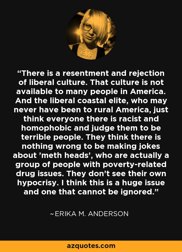 There is a resentment and rejection of liberal culture. That culture is not available to many people in America. And the liberal coastal elite, who may never have been to rural America, just think everyone there is racist and homophobic and judge them to be terrible people. They think there is nothing wrong to be making jokes about 'meth heads', who are actually a group of people with poverty-related drug issues. They don't see their own hypocrisy. I think this is a huge issue and one that cannot be ignored. - Erika M. Anderson