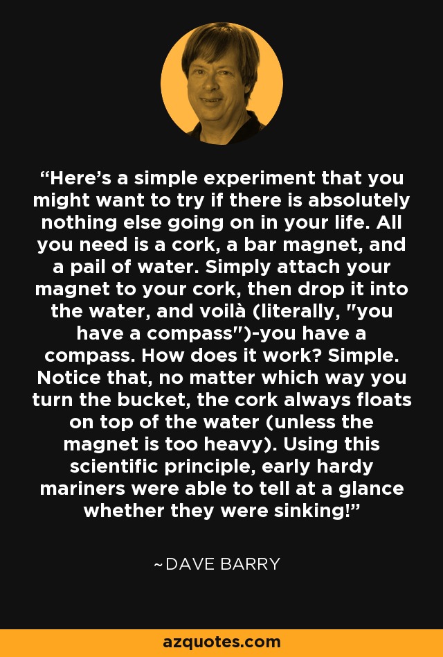 Here's a simple experiment that you might want to try if there is absolutely nothing else going on in your life. All you need is a cork, a bar magnet, and a pail of water. Simply attach your magnet to your cork, then drop it into the water, and voilà (literally, 