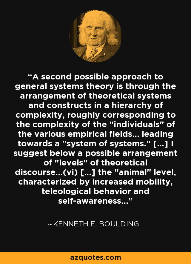 A second possible approach to general systems theory is through the arrangement of theoretical systems and constructs in a hierarchy of complexity, roughly corresponding to the complexity of the 