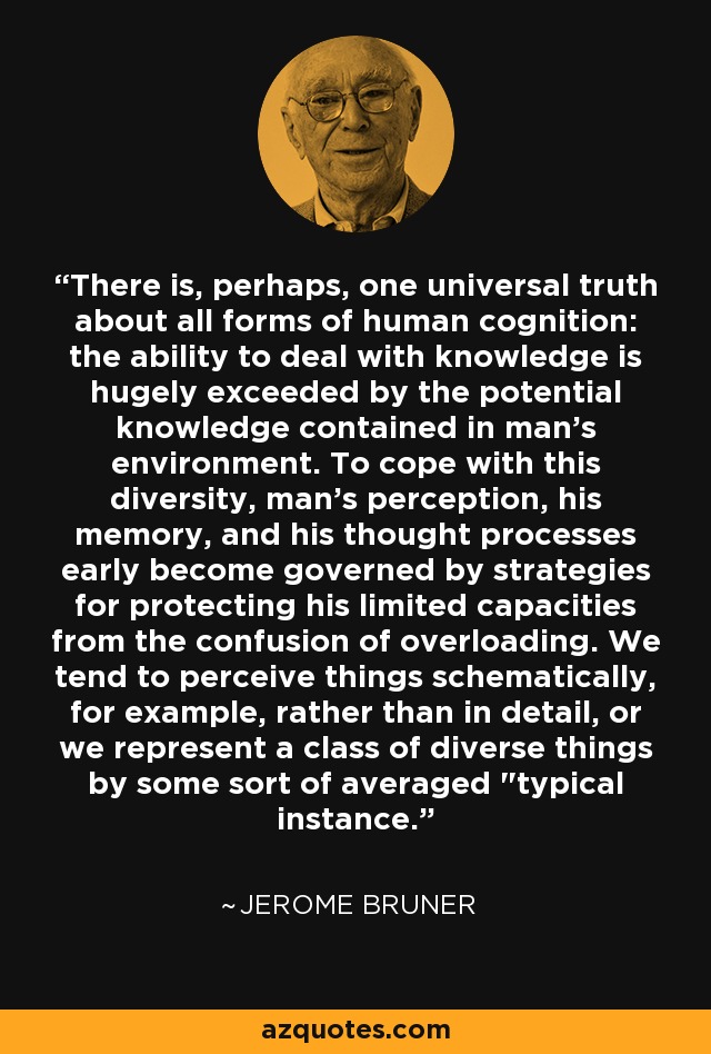 There is, perhaps, one universal truth about all forms of human cognition: the ability to deal with knowledge is hugely exceeded by the potential knowledge contained in man's environment. To cope with this diversity, man's perception, his memory, and his thought processes early become governed by strategies for protecting his limited capacities from the confusion of overloading. We tend to perceive things schematically, for example, rather than in detail, or we represent a class of diverse things by some sort of averaged 