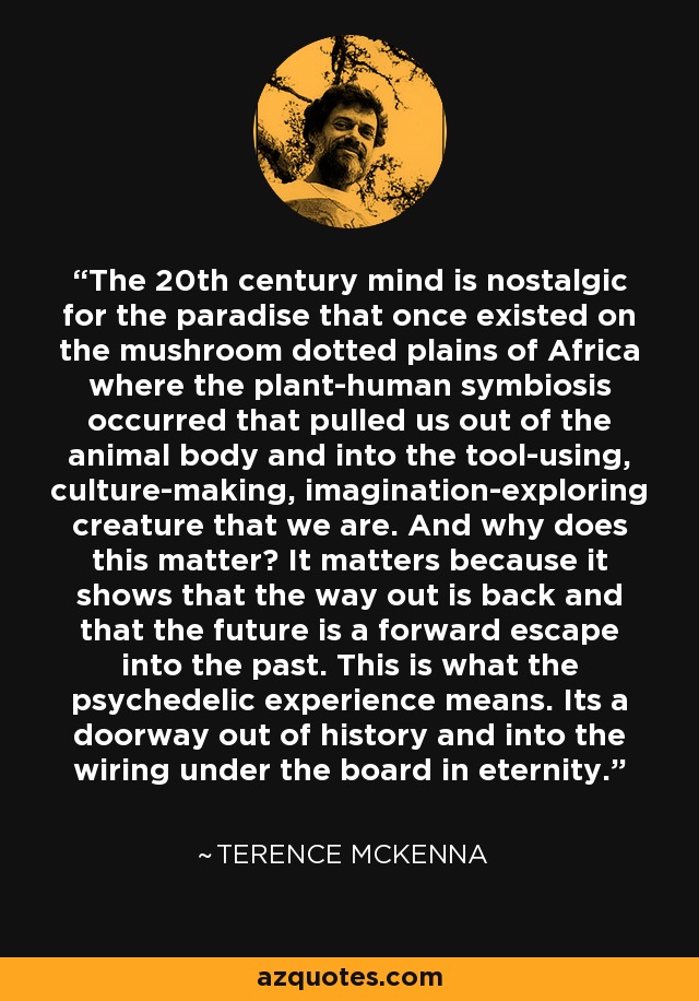 The 20th century mind is nostalgic for the paradise that once existed on the mushroom dotted plains of Africa where the plant-human symbiosis occurred that pulled us out of the animal body and into the tool-using, culture-making, imagination-exploring creature that we are. And why does this matter? It matters because it shows that the way out is back and that the future is a forward escape into the past. This is what the psychedelic experience means. Its a doorway out of history and into the wiring under the board in eternity. - Terence McKenna