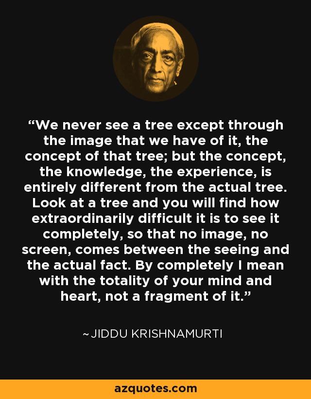 We never see a tree except through the image that we have of it, the concept of that tree; but the concept, the knowledge, the experience, is entirely different from the actual tree. Look at a tree and you will find how extraordinarily difficult it is to see it completely, so that no image, no screen, comes between the seeing and the actual fact. By completely I mean with the totality of your mind and heart, not a fragment of it. - Jiddu Krishnamurti