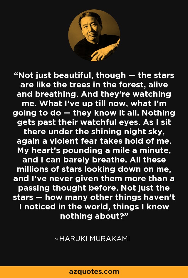 Not just beautiful, though — the stars are like the trees in the forest, alive and breathing. And they’re watching me. What I’ve up till now, what I’m going to do — they know it all. Nothing gets past their watchful eyes. As I sit there under the shining night sky, again a violent fear takes hold of me. My heart’s pounding a mile a minute, and I can barely breathe. All these millions of stars looking down on me, and I’ve never given them more than a passing thought before. Not just the stars — how many other things haven’t I noticed in the world, things I know nothing about? - Haruki Murakami