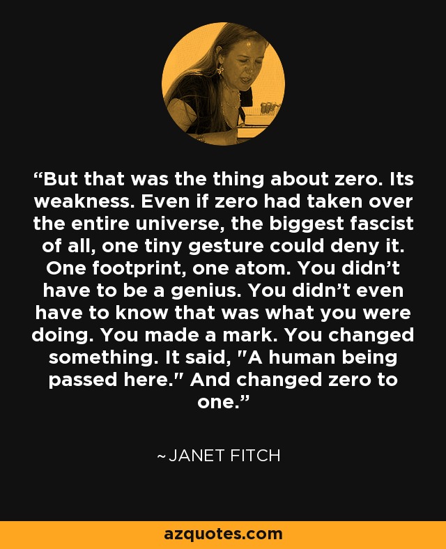 But that was the thing about zero. Its weakness. Even if zero had taken over the entire universe, the biggest fascist of all, one tiny gesture could deny it. One footprint, one atom. You didn't have to be a genius. You didn't even have to know that was what you were doing. You made a mark. You changed something. It said, 