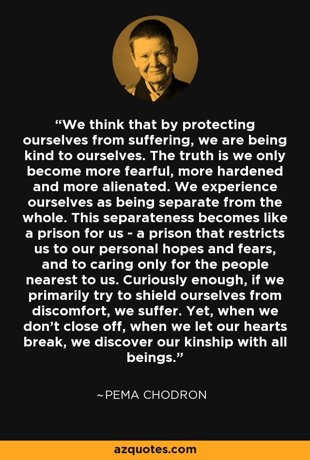 We think that by protecting ourselves from suffering, we are being kind to ourselves. The truth is we only become more fearful, more hardened and more alienated. We experience ourselves as being separate from the whole. This separateness becomes like a prison for us - a prison that restricts us to our personal hopes and fears, and to caring only for the people nearest to us. Curiously enough, if we primarily try to shield ourselves from discomfort, we suffer. Yet, when we don't close off, when we let our hearts break, we discover our kinship with all beings. - Pema Chodron