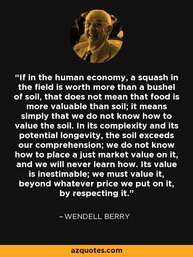 If in the human economy, a squash in the field is worth more than a bushel of soil, that does not mean that food is more valuable than soil; it means simply that we do not know how to value the soil. In its complexity and its potential longevity, the soil exceeds our comprehension; we do not know how to place a just market value on it, and we will never learn how. Its value is inestimable; we must value it, beyond whatever price we put on it, by respecting it. - Wendell Berry