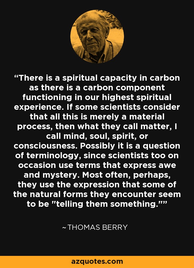There is a spiritual capacity in carbon as there is a carbon component functioning in our highest spiritual experience. If some scientists consider that all this is merely a material process, then what they call matter, I call mind, soul, spirit, or consciousness. Possibly it is a question of terminology, since scientists too on occasion use terms that express awe and mystery. Most often, perhaps, they use the expression that some of the natural forms they encounter seem to be 