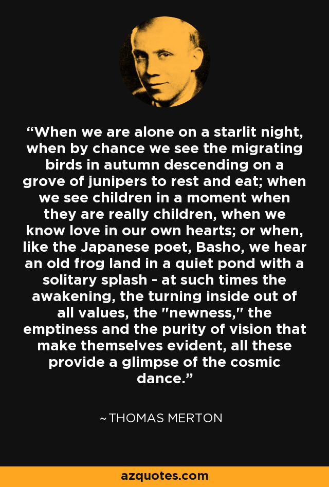 When we are alone on a starlit night, when by chance we see the migrating birds in autumn descending on a grove of junipers to rest and eat; when we see children in a moment when they are really children, when we know love in our own hearts; or when, like the Japanese poet, Basho, we hear an old frog land in a quiet pond with a solitary splash - at such times the awakening, the turning inside out of all values, the 
