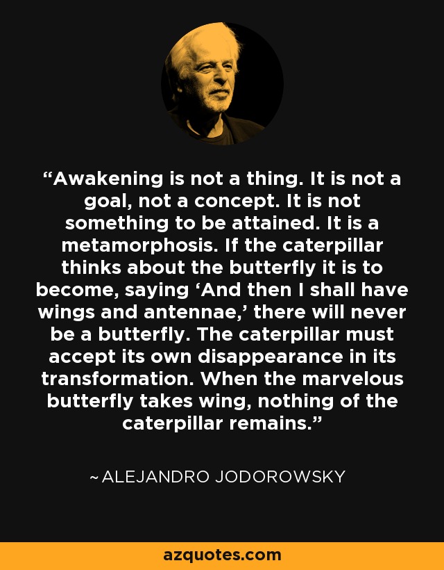 Awakening is not a thing. It is not a goal, not a concept. It is not something to be attained. It is a metamorphosis. If the caterpillar thinks about the butterfly it is to become, saying ‘And then I shall have wings and antennae,’ there will never be a butterfly. The caterpillar must accept its own disappearance in its transformation. When the marvelous butterfly takes wing, nothing of the caterpillar remains. - Alejandro Jodorowsky