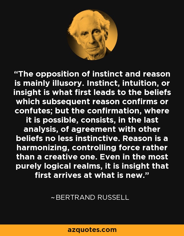 The opposition of instinct and reason is mainly illusory. Instinct, intuition, or insight is what first leads to the beliefs which subsequent reason confirms or confutes; but the confirmation, where it is possible, consists, in the last analysis, of agreement with other beliefs no less instinctive. Reason is a harmonizing, controlling force rather than a creative one. Even in the most purely logical realms, it is insight that first arrives at what is new. - Bertrand Russell