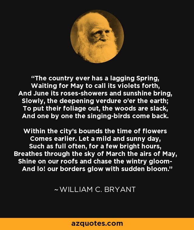 The country ever has a lagging Spring, Waiting for May to call its violets forth, And June its roses-showers and sunshine bring, Slowly, the deepening verdure o'er the earth; To put their foliage out, the woods are slack, And one by one the singing-birds come back. Within the city's bounds the time of flowers Comes earlier. Let a mild and sunny day, Such as full often, for a few bright hours, Breathes through the sky of March the airs of May, Shine on our roofs and chase the wintry gloom- And lo! our borders glow with sudden bloom. - William C. Bryant